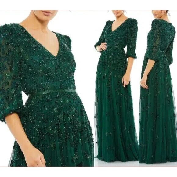 Mac Duggal 5497 Embellished V Neck 3/4 Sleeve A-Line Gown Emerald SZ 16 NEW‎ - Picture 1 of 6